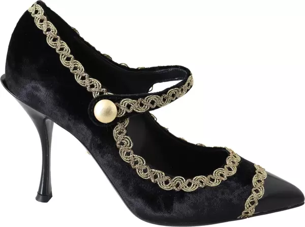 Black Velvet Gold Mary Janes Pumps
