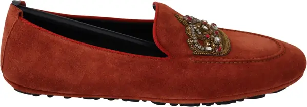 Orange Leather Crystal Crown Loafers Shoes