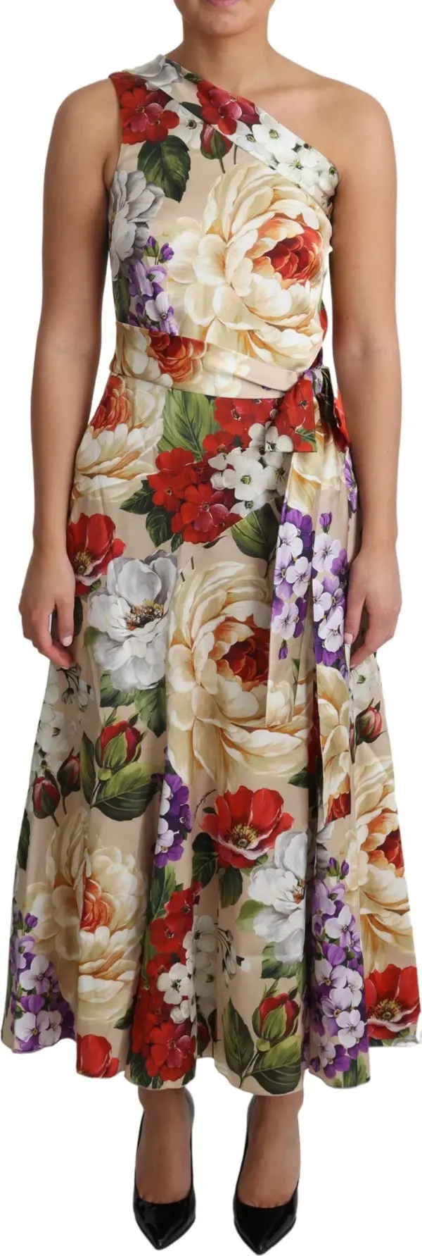 Print Silk Stretch One Shoulder Dress Floral