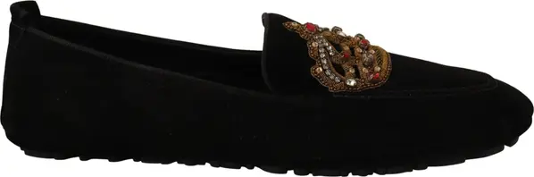 Black Leather Crystal Gold Crown Loafers Shoes