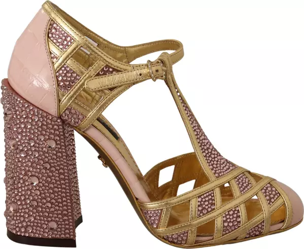 Pink Gold Leather Crystal Pumps T-strap Shoes