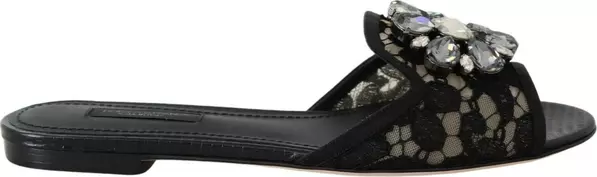 Black Taormina Lace Slides Crystals Flats Shoes