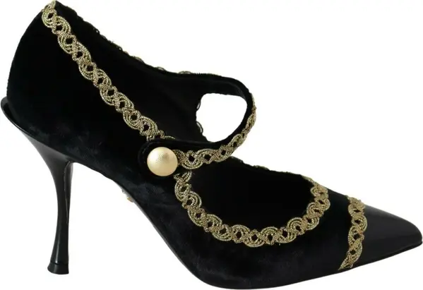 Black Embellished Velvet Mary Jane Pumps Shoes