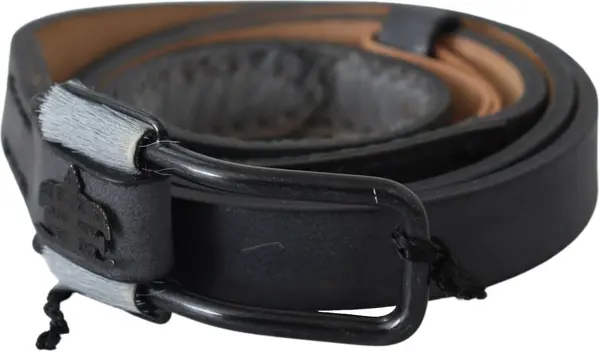 Black Leather Fringes Logo Buckle Belt