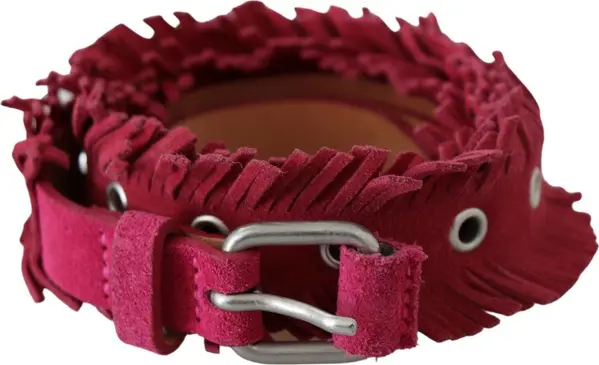 Maroon Leather Fringes Silver Buckle Waist Belt