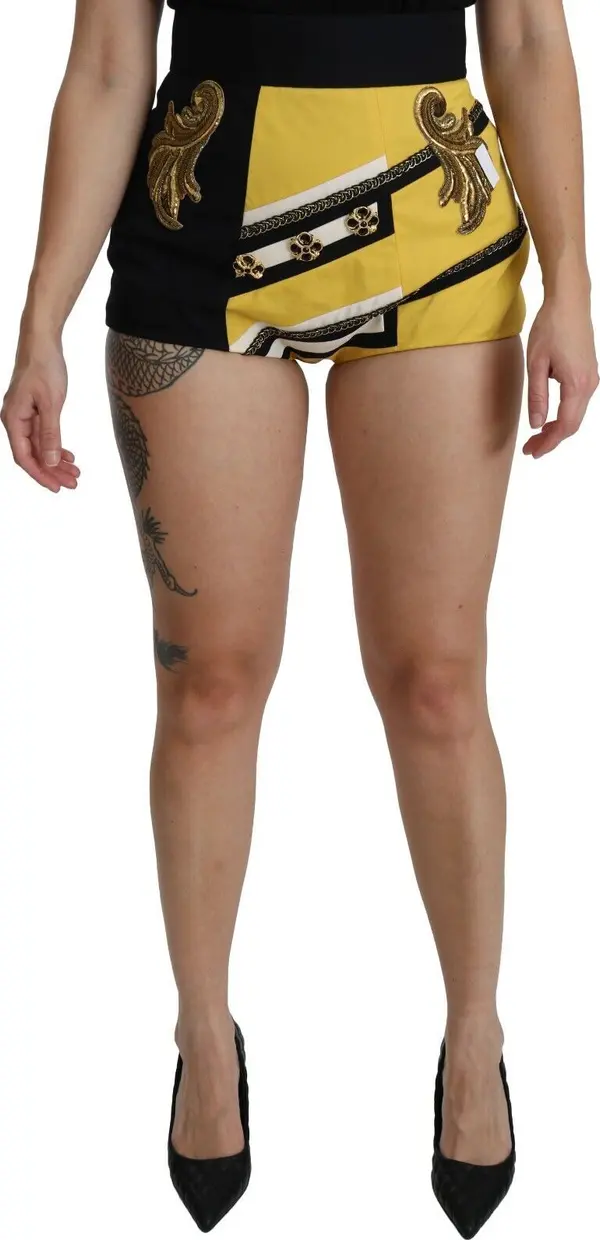 Yellow Black Cotton Jewelled Hot Pants Shorts