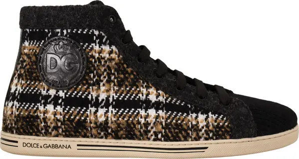 Beige Brown Wool Cotton High Top Sneakers