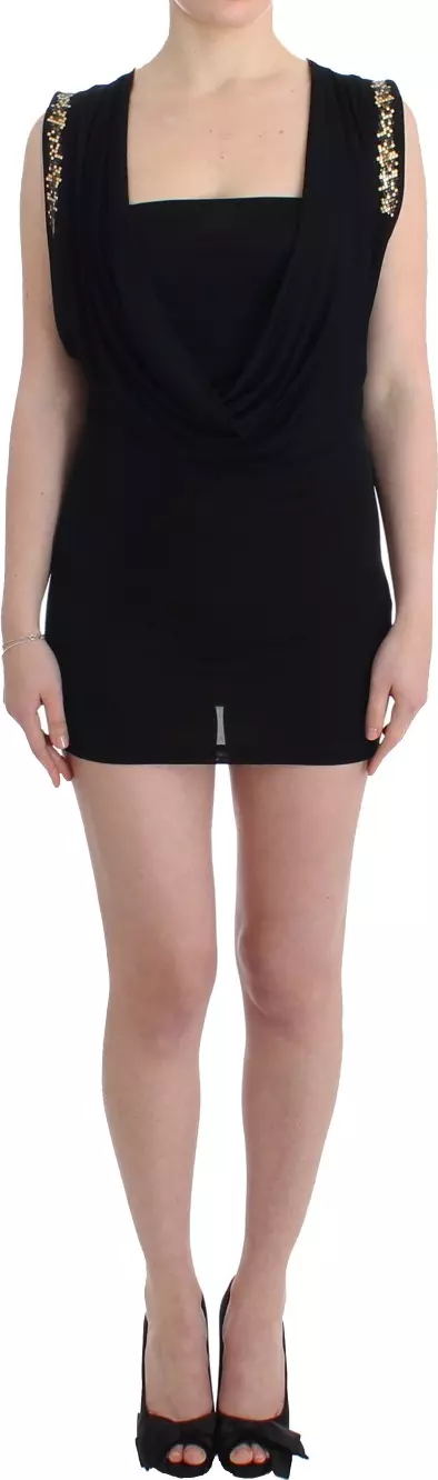 Black Embellished Jersey Mini Sheath Short Dress