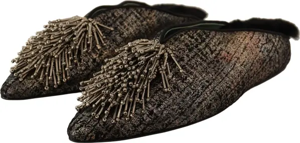 Gold Jacquard Leather Embellished Slip On Shoes