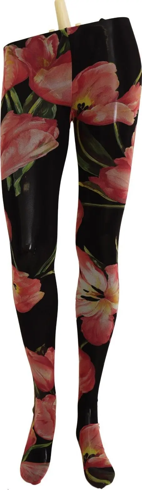 Black Floral Print Nylon Tights Stockings