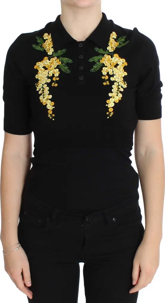 Black Silk Floral Embroidered Polo Top