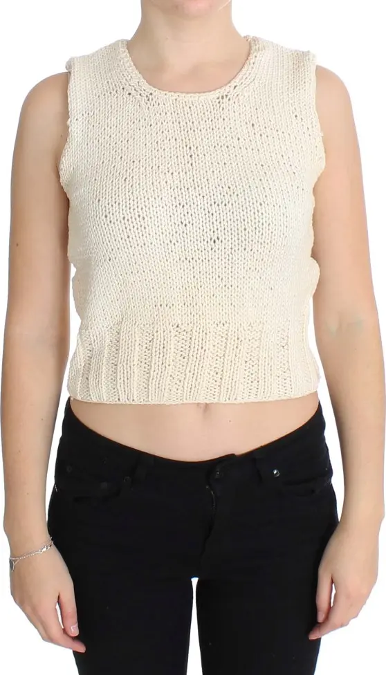 Beige Cotton Blend Knitted Sleeveless Sweater