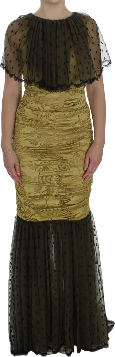 Yellow Black Floral Lace Ricamo Gown Dress