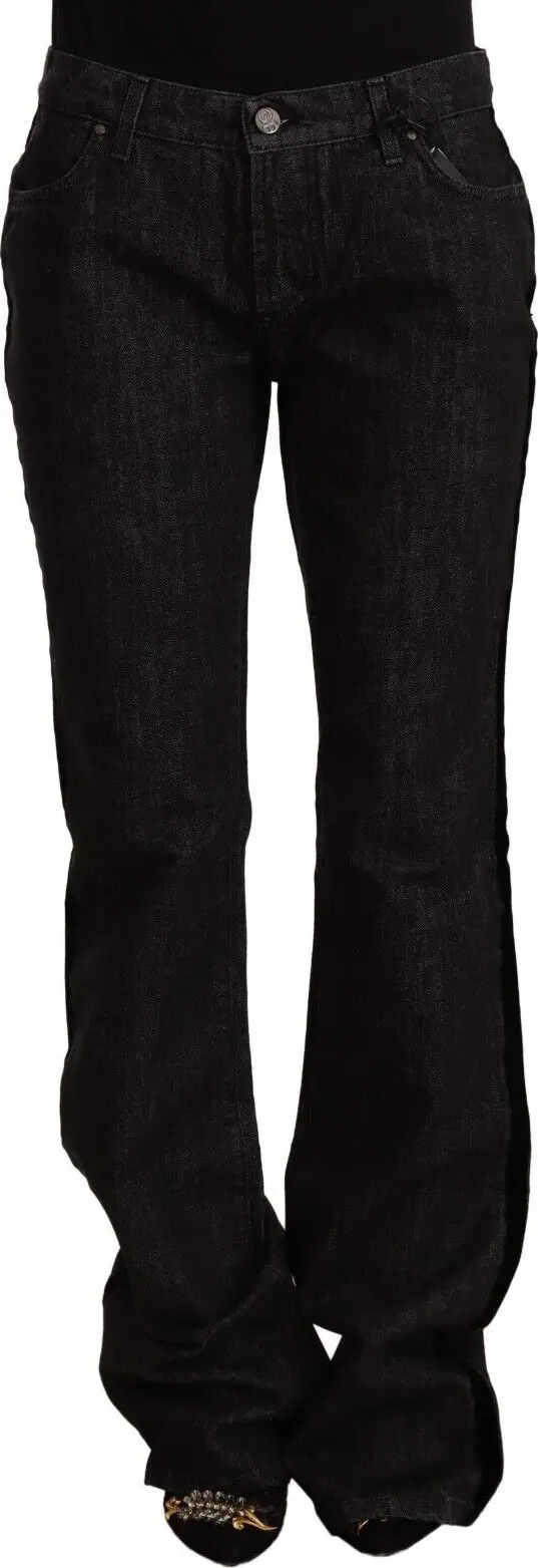 Black Mid Waist Cotton Denim Straight Boot Cut Jeans