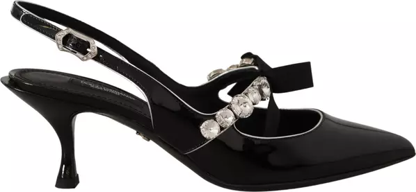 Black Patent Leather Crystal Slingbacks Shoes