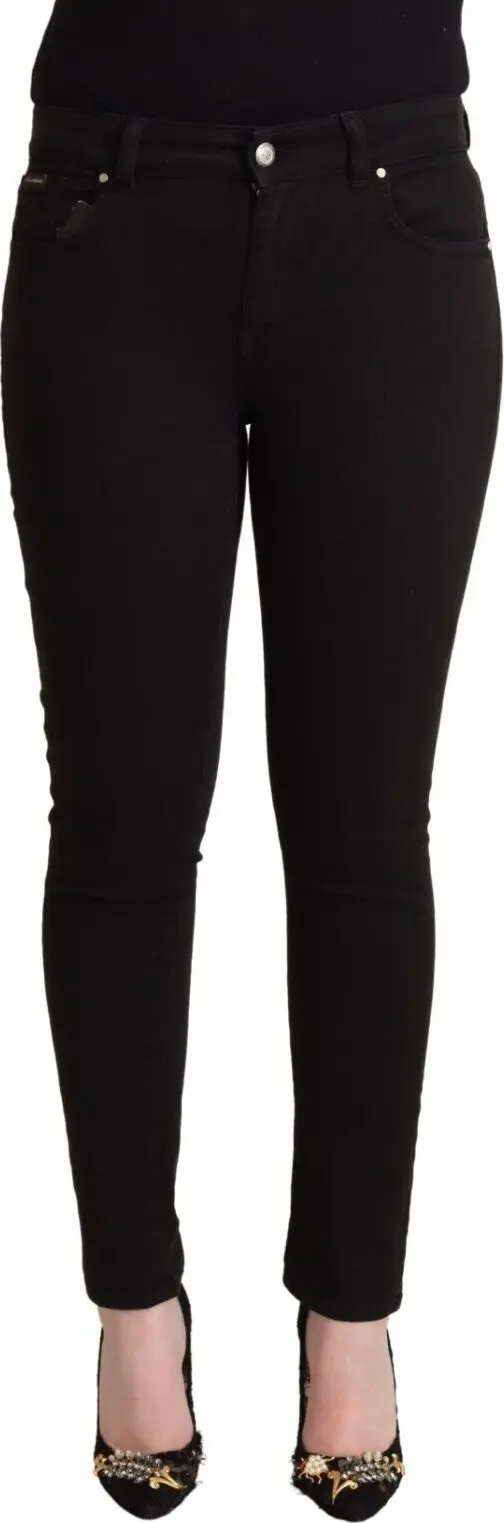 Black Cotton Mid Waist Denim Slim Fit Jeans