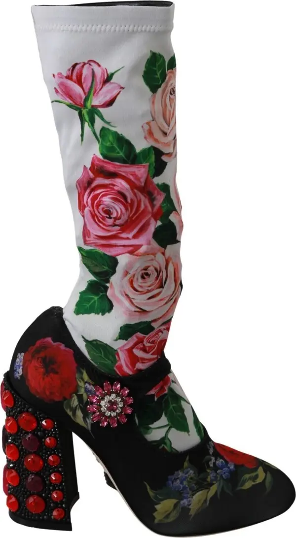 Black Floral Socks Crystal Jersey Boots Shoes