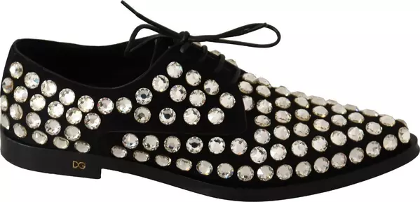Black Leather Crystals Lace Up Formal Shoes