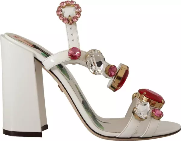 White Leather Crystal Keira Heels Sandals Shoes