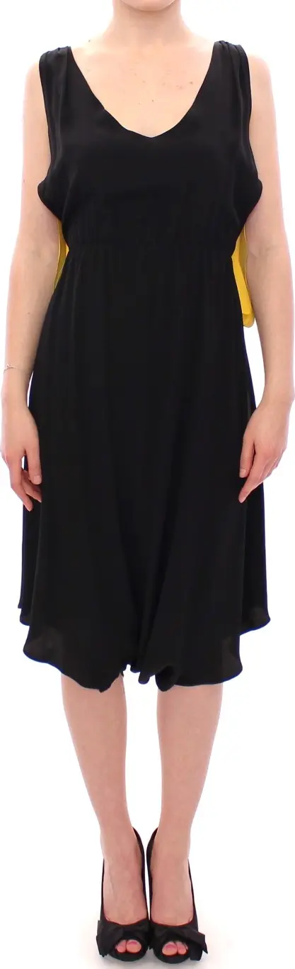Black Yellow Silk Shift Sheath Coctail Dress
