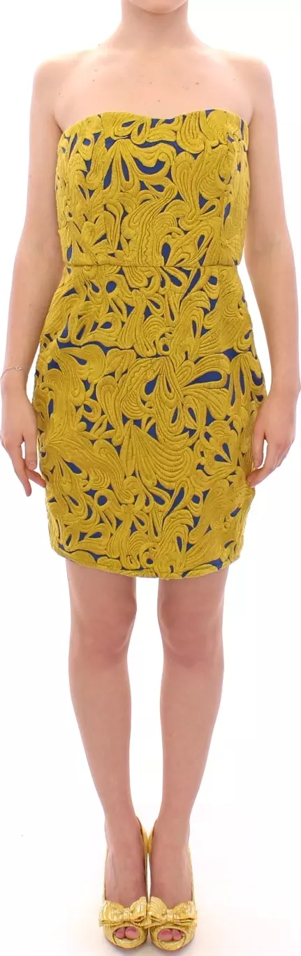 Blue Yellow Strapless Bubble Mini Shift Dress