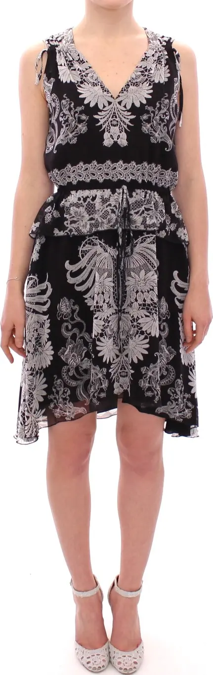 Black Silk Floral Pattern Shift Coctail Dress