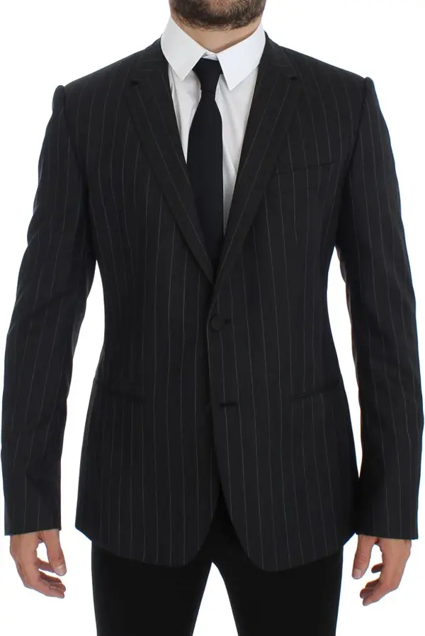 Gray Striped Slim Fit Wool Blazer
