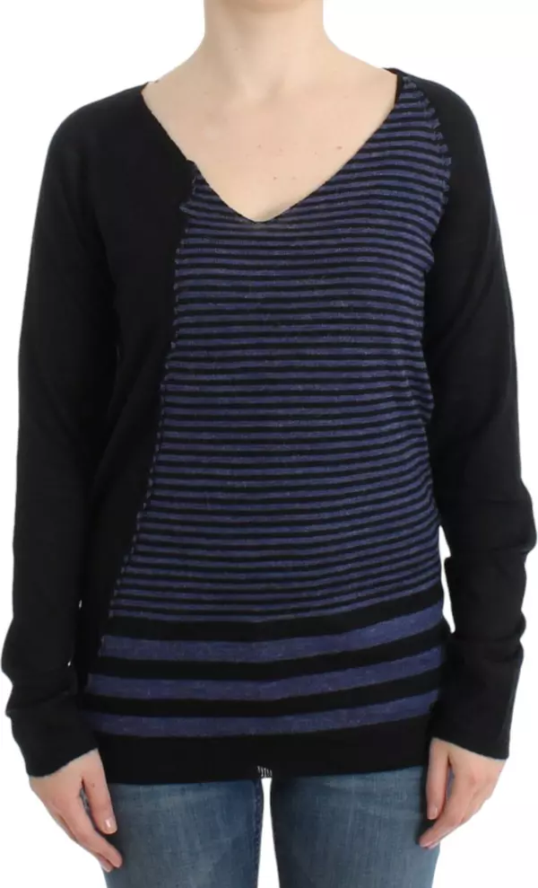 Black striped V-neck sweater