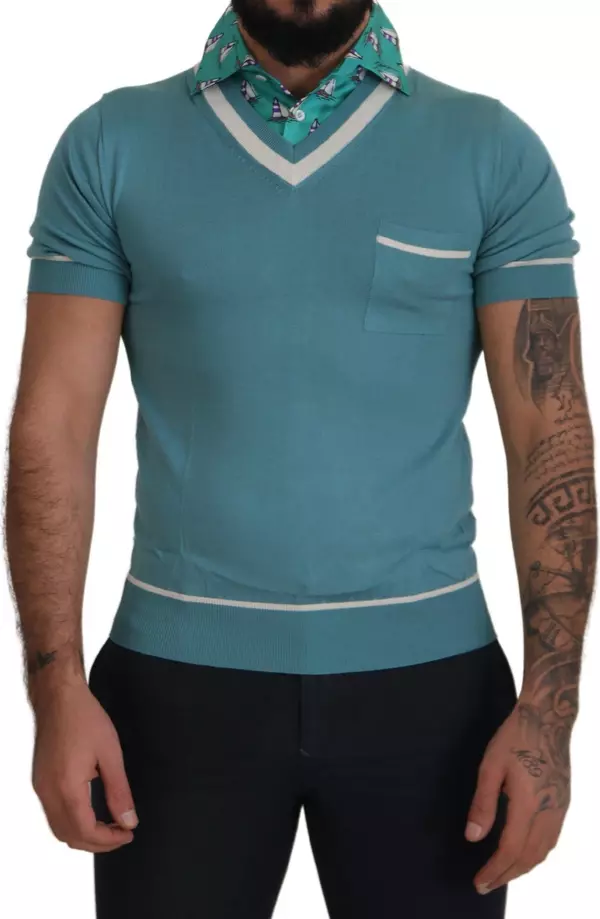 Blue Silk Polo Top Mens V-neck T-shirt