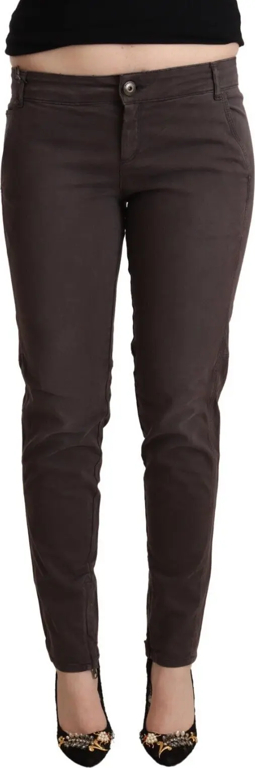 Brown Cotton Low Waist Slim Fit Pants