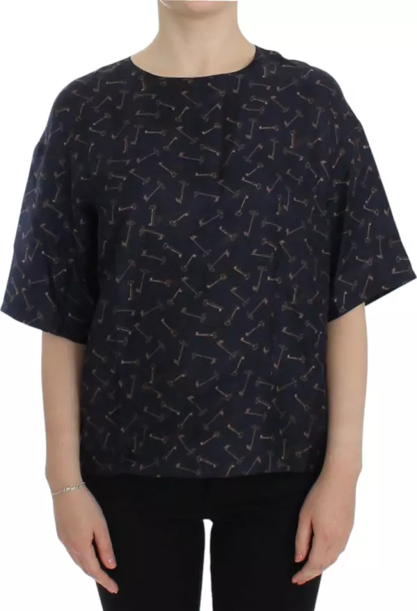 Blue gold key print silk blouse