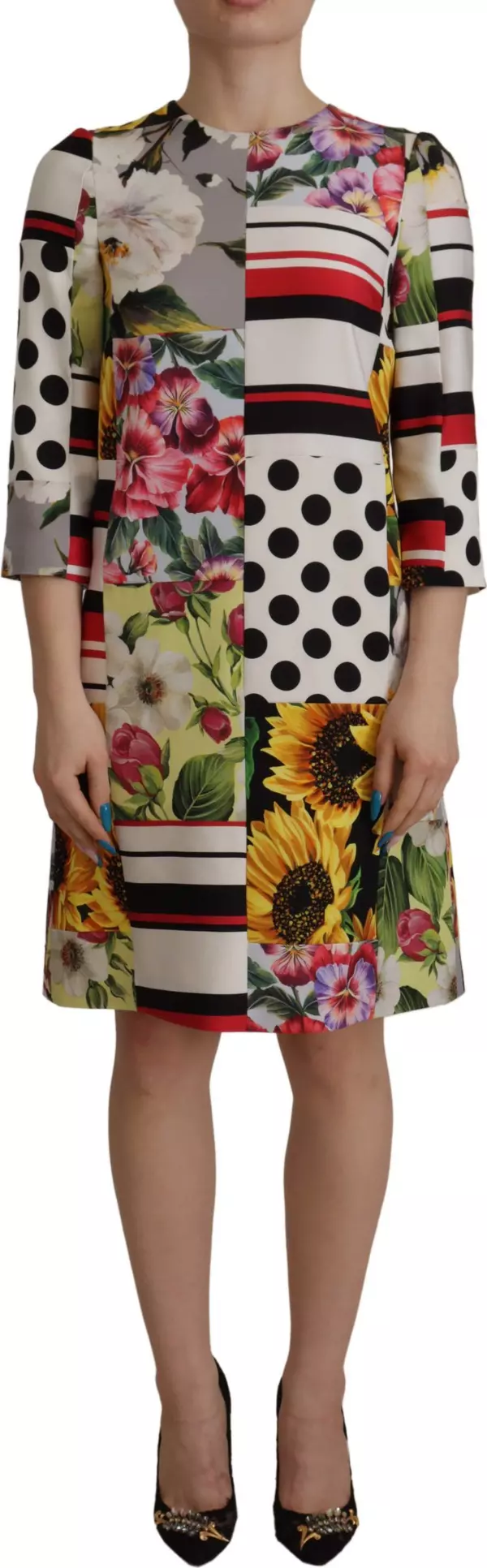 Multicolor Charmeuse Floral Sheath Jaquard Pachwork Dress