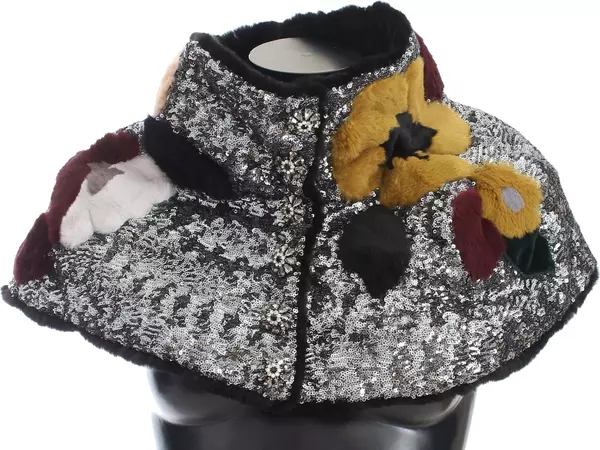 Silver Sequined Floral Weasel Fur Shoulder Scarf Wrap
