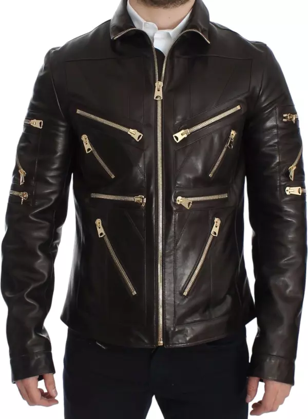 Brown Lambskin Leather Zipper Jacket