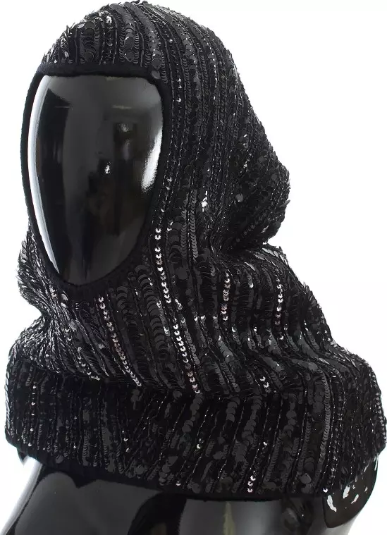 Black Knitted Sequin Hood Scarf Hat