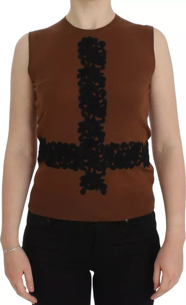 Brown Wool Black Lace Vest Sweater Top