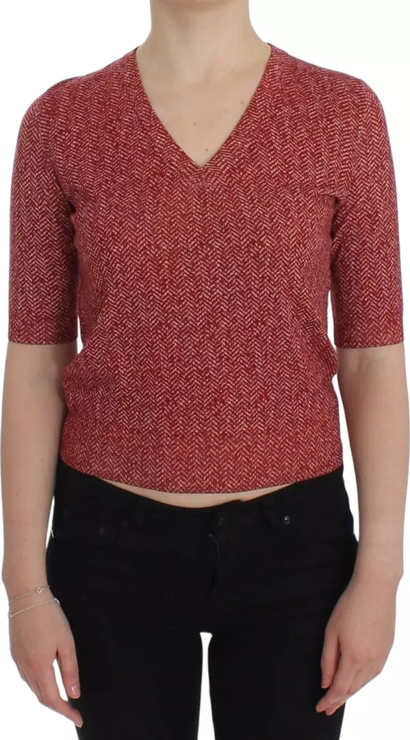 Red Wool Tweed Short Sleeve Sweater Pullover
