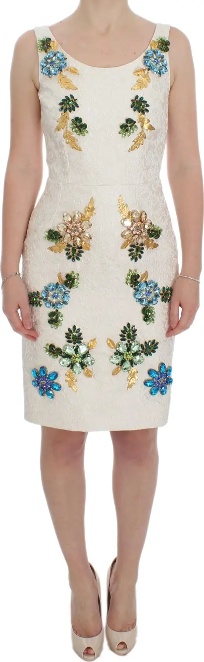 White Brocade Crystal Sheath Dress