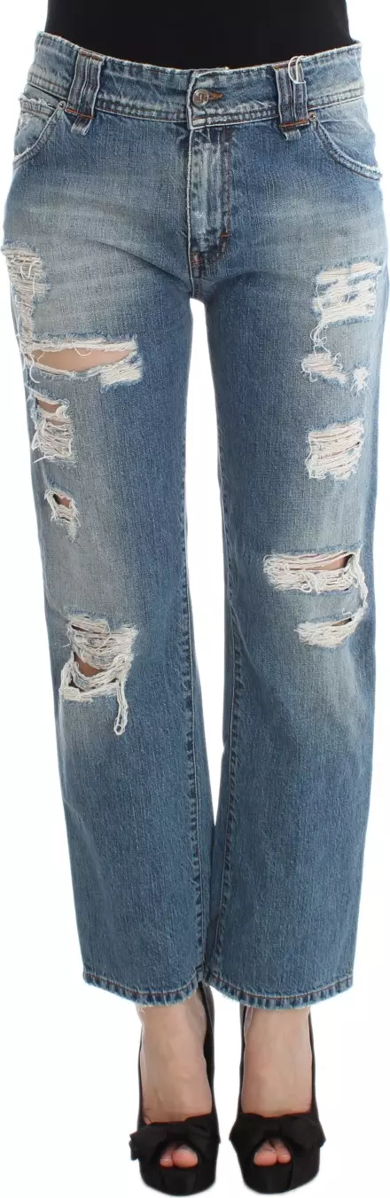 Blue Wash Cotton Boyfriend Fit Cropped Jeans