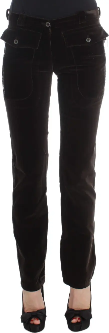 Brown Cotton Velvet Zippers Slim Fit Pants