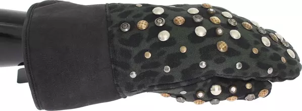 Gray Wool Shearling Studded Green Leopard Gloves
