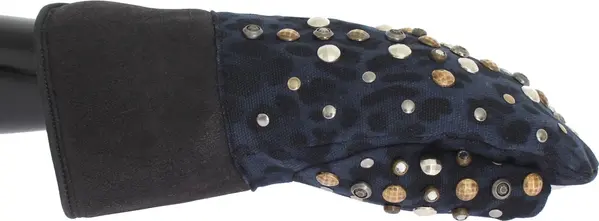 Gray Wool Shearling Studded Blue Leopard Gloves