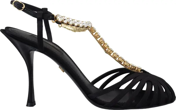 Black Satin Clear Crystal T-strap Sandal Shoes
