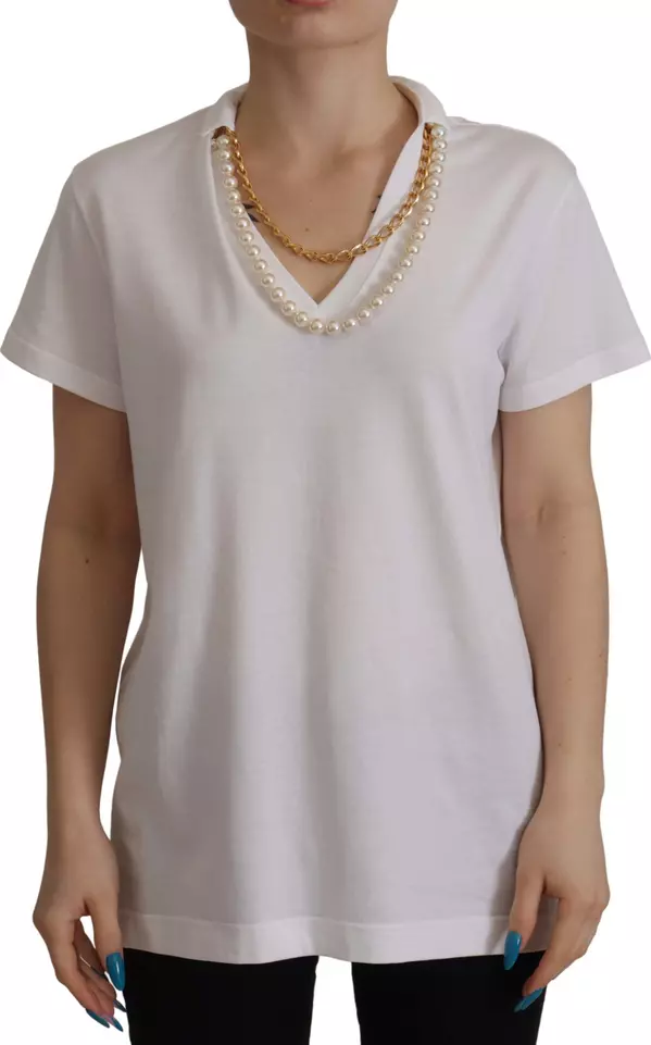 White Necklace Embellished Neckline T-shirt Top