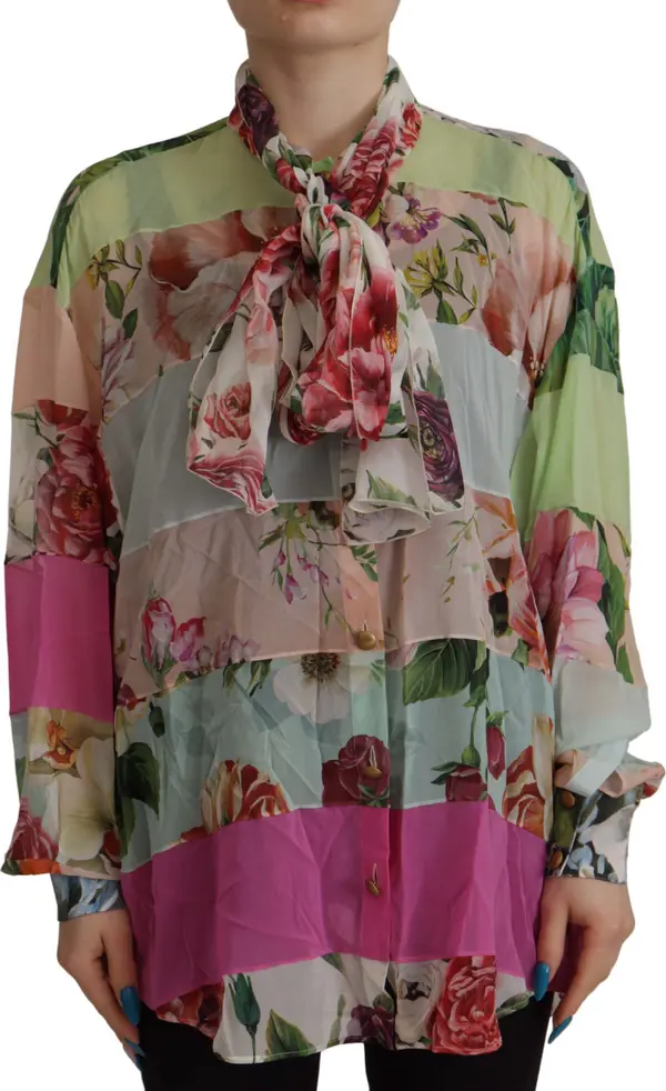 Multicolor  Floral Patchwork Design Ascot Collar Top Blouse