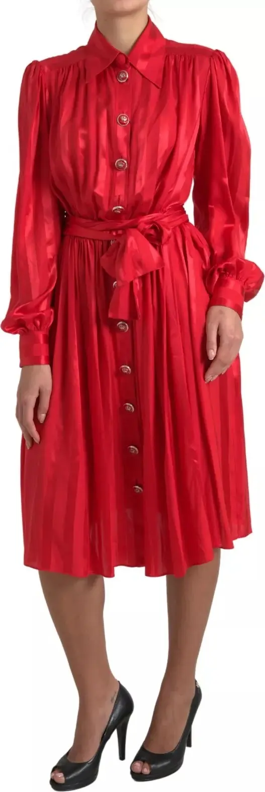 Red Button Down Belted Midi Satin Silk Dress