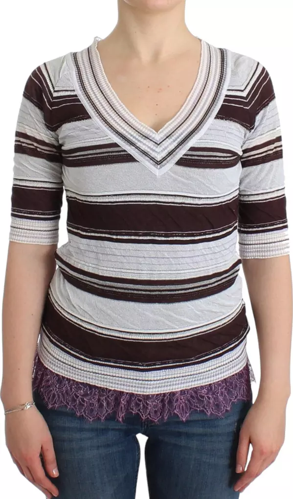 Striped Lace V-Neck Short Sleeve Top Sweater
