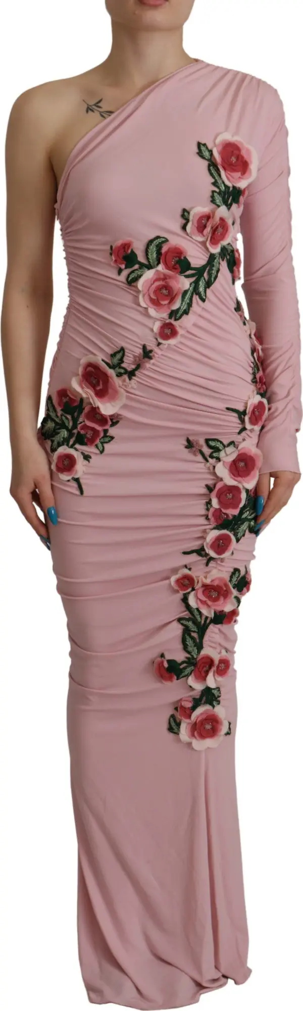 Pink Flower Embellished One Shoulder Dress