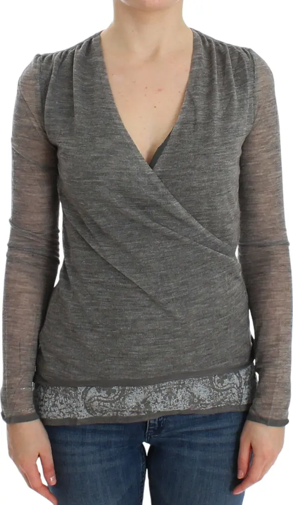 Gray Wool Blend Stretch Long Sleeve Sweater