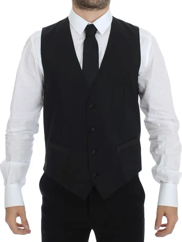 Black Wool Silk Stretch Dress Vest Blazer